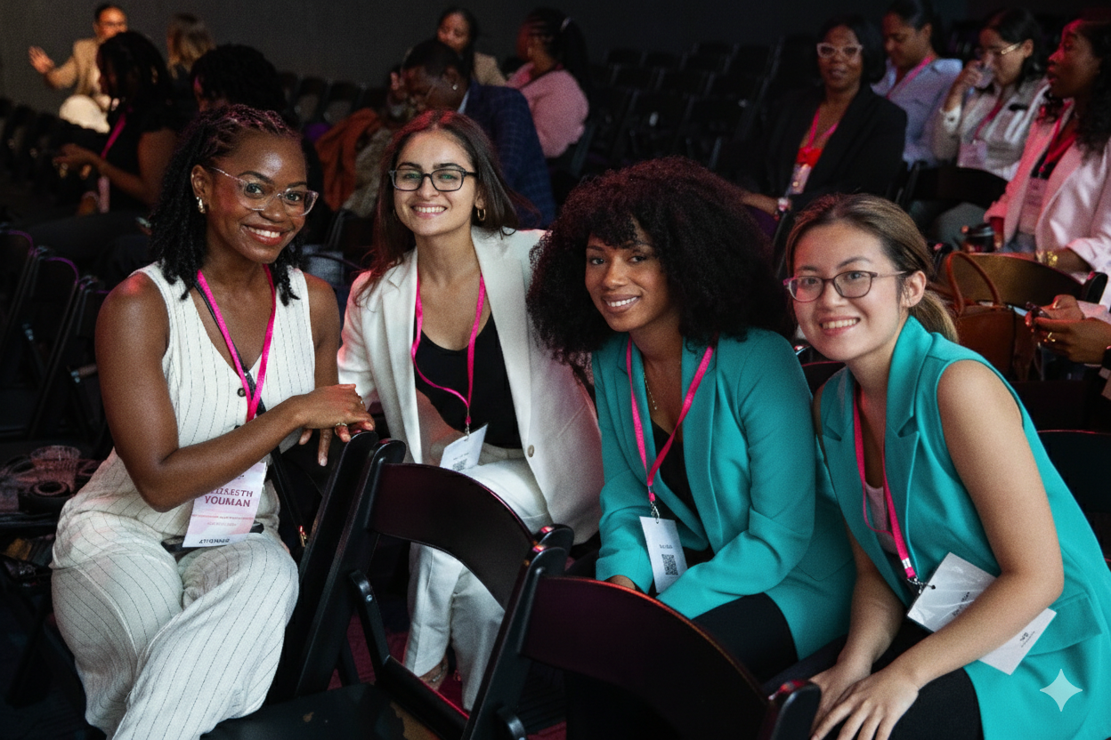 Conference check-in area with attendees receiving badges at kiosk stations
